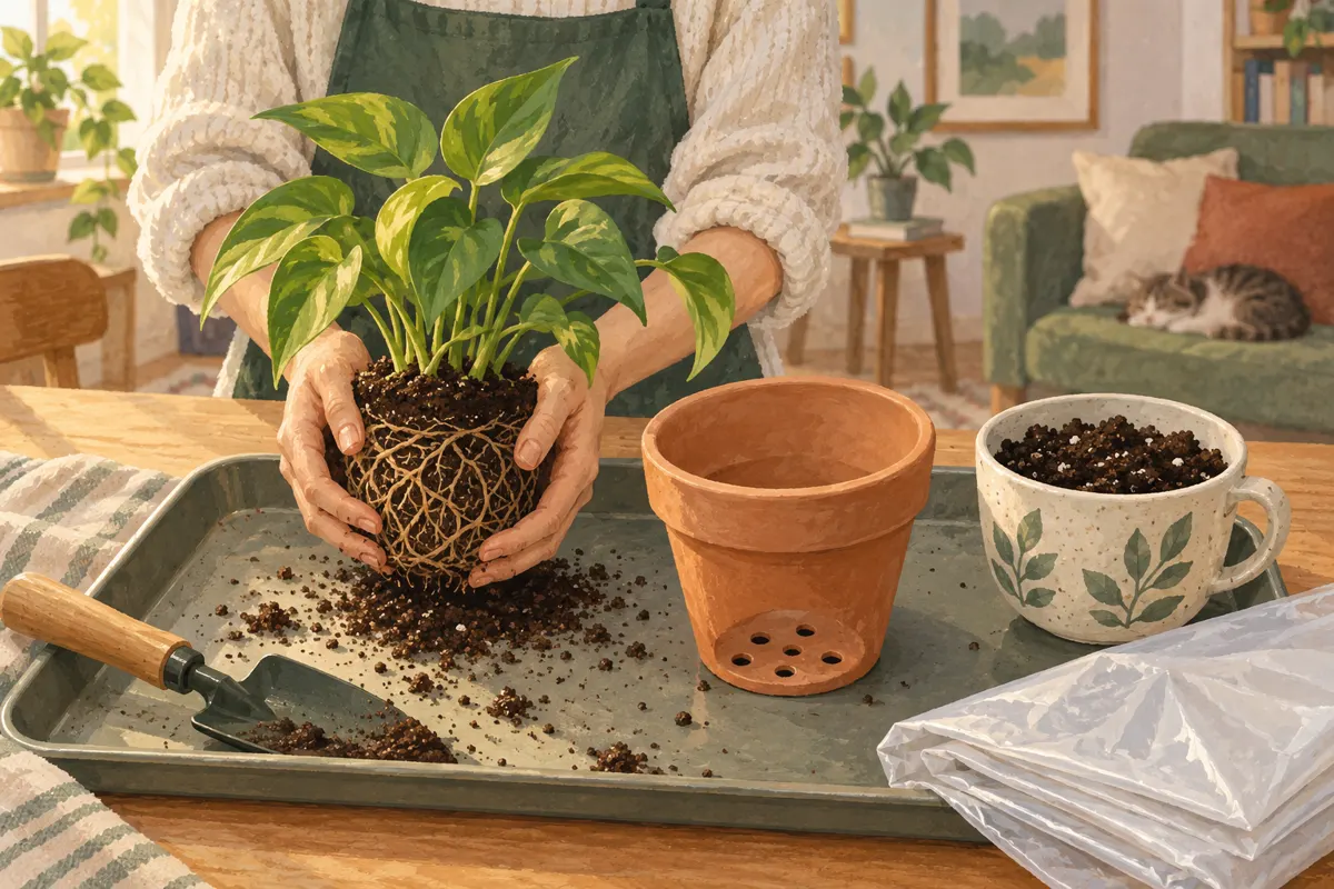 Ilustracja przesadzania rośliny doniczkowej nad tacą zabezpieczającą blat przed rozsypaniem ziemi.